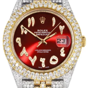 Diamond Iced Out Rolex Datejust 41 | 25 Carats Of Diamonds | Custom Red Arabic Numeral Diamond Dial | Two Tone | Two Row | Jubilee Band