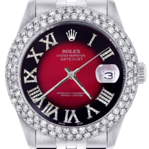 Mens Rolex Datejust Watch 16200 | 36Mm | Red Black Roman Numeral Dial | Two Row 4.25 Carat Bezel | Jubilee Band