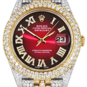 Diamond Iced Out Rolex Datejust 41 | 25 Carats Of Diamonds | Red Black Dial | Two Tone | Two Row | Jubilee Band