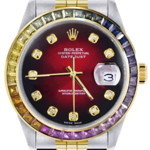 Diamond Gold Rolex Watch For Men 16233 | 36Mm | Rainbow Sapphire Bezel | Red Black Dial | Jubilee Band