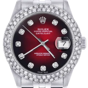 Mens Rolex Datejust Watch 16200 | 36Mm | Red Black Dial | Two Row 4.25 Carat Bezel | Jubilee Band