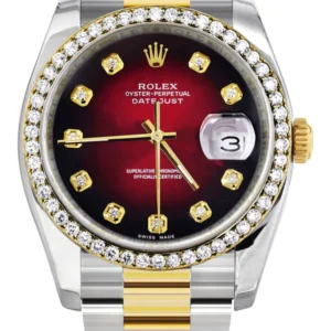 116233 | Diamond Gold Rolex Watch For Men | 36Mm | Red Black Dial | Oyster Band