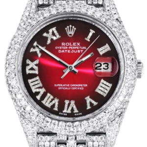 Diamond Iced Out Rolex Datejust 41 | 25 Carats Of Diamonds | Custom Red Black Roman Numeral Dial | Two Row | Jubilee Band