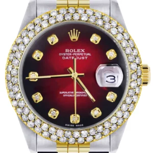 Diamond Gold Rolex Watch For Men 16233 | 36Mm | Custom Red Black Dial | Two Row 4.25 Carat Bezel | Jubilee Band