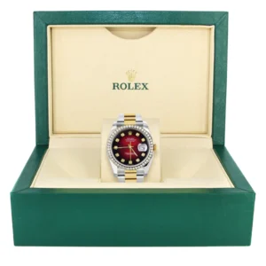 116233 | Diamond Gold Rolex Watch For Men | 36Mm | Red Black Dial | Oyster Band