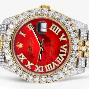 Diamond Iced Out Rolex Datejust 41 | 25 Carats Of Diamonds | Custom Red Mother of Pearl Roman Numeral Diamond Dial | Two Tone | Jubilee Band