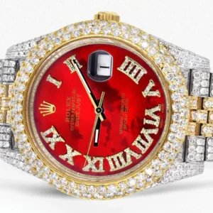 Diamond Iced Out Rolex Datejust 41 | 25 Carats Of Diamonds | Custom Red Mother of Pearl Roman Numeral Diamond Dial | Two Tone | Two Row | Jubilee Band