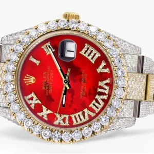 Diamond Iced Out Rolex Datejust 41 | 25 Carats Of Diamonds | Custom Red Mother of Pearl Roman Numeral Diamond Dial | Two Tone | Oyster Band