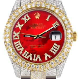 Diamond Iced Out Rolex Datejust 41 | 25 Carats Of Diamonds | Custom Red Mother of Pearl Roman Numeral Diamond Dial | Two Tone | Two Row | Oyster Band