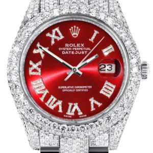 Diamond Iced Out Rolex Datejust 41 | 25 Carats Of Diamonds | Custom Red Roman Numeral Diamond Dial | Two Row | Oyster Band