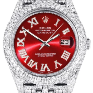 Diamond Iced Out Rolex Datejust 41 | 25 Carats Of Diamonds | Custom Red Roman Numeral Diamond Dial | Two Row | Jubilee Band