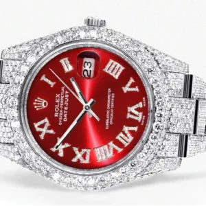 Diamond Iced Out Rolex Datejust 41 | 25 Carats Of Diamonds | Custom Red Roman Numeral Diamond Dial | Two Row | Oyster Band