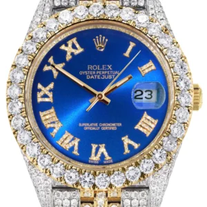 Diamond Iced Out Rolex Datejust 41 | 25 Carats Of Diamonds | Custom Blue Roman Numeral Diamond Dial | Two Tone | Jubilee Band