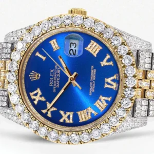 Diamond Iced Out Rolex Datejust 41 | 25 Carats Of Diamonds | Custom Blue Roman Numeral Diamond Dial | Two Tone | Jubilee Band