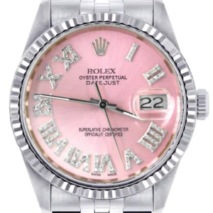 Mens Rolex Datejust Watch 16200 | 36Mm | Pink Roman Numeral Dial | Two Row 4.25 Carat Bezel | Jubilee Band