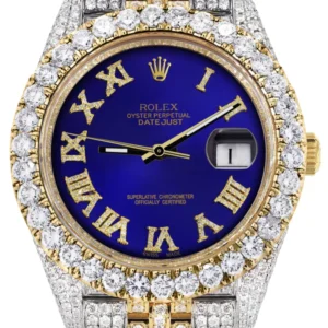 Diamond Iced Out Rolex Datejust 41 | 25 Carats Of Diamonds | Custom Royal Blue Roman Numeral Diamond Dial | Two Tone | Jubilee Band