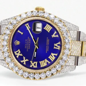 Diamond Iced Out Rolex Datejust 41 | 25 Carats Of Diamonds | Custom Royal Blue Roman Numeral Diamond Dial | Two Tone | Oyster Band
