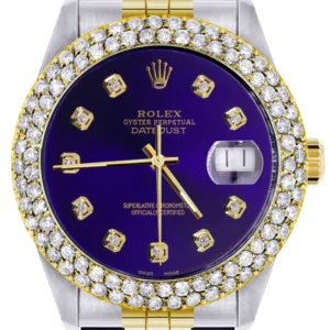 Diamond Gold Rolex Watch For Men 16233 | 36Mm | Royal Blue Dial | Two Row 4.25 Carat Bezel | Jubilee Band