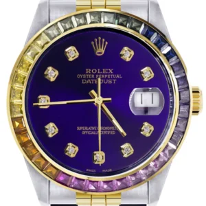 Diamond Gold Rolex Watch For Men 16233 | 36Mm | Rainbow Sapphire Bezel | Royal Blue Dial | Jubilee Band