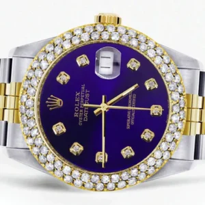 Diamond Gold Rolex Watch For Men 16233 | 36Mm | Royal Blue Dial | Two Row 4.25 Carat Bezel | Jubilee Band