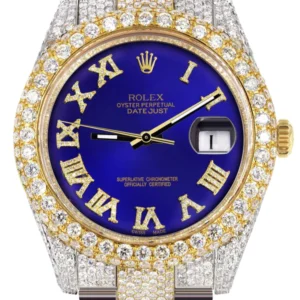 Diamond Iced Out Rolex Datejust 41 | 25 Carats Of Diamonds | Custom Royal Blue Roman Numeral Diamond Dial | Two Tone | Two Row | Oyster Band