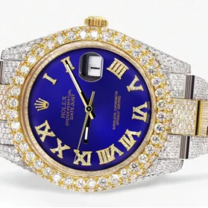 Diamond Iced Out Rolex Datejust 41 | 25 Carats Of Diamonds | Custom Royal Blue Roman Numeral Diamond Dial | Two Tone | Two Row | Oyster Band