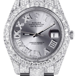 Diamond Iced Out Rolex Datejust 41 | 25 Carats Of Diamonds | Custom Silver Roman Numeral Diamond Dial | Two Row | Oyster Band