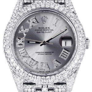 Diamond Iced Out Rolex Datejust 41 | 25 Carats Of Diamonds | Custom Silver Roman Numeral Diamond Dial | Two Row | Jubilee Band