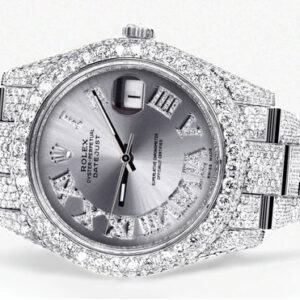 Diamond Iced Out Rolex Datejust 41 | 25 Carats Of Diamonds | Custom Silver Roman Numeral Diamond Dial | Two Row | Oyster Band