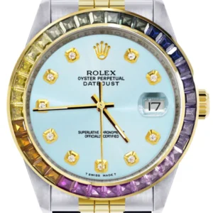 Diamond Gold Rolex Watch For Men 16233 | 36Mm | Rainbow Sapphire Bezel | Light Blue Dial | Jubilee Band