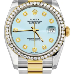116233 | Diamond Gold Rolex Watch For Men | 36Mm | Light Blue Dial | Oyster Band