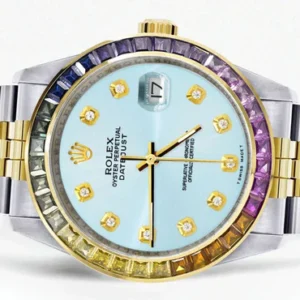 Diamond Gold Rolex Watch For Men 16233 | 36Mm | Rainbow Sapphire Bezel | Light Blue Dial | Jubilee Band