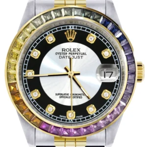 Diamond Gold Rolex Watch For Men 16233 | 36Mm | Rainbow Sapphire Bezel | Tuxedo Dial | Jubilee Band