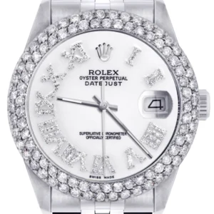 Mens Rolex Datejust Watch 16200 | 36Mm | White Roman Numeral Dial | Two Row 4.25 Carat Bezel | Jubilee Band