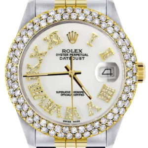Diamond Gold Rolex Watch For Men 16233 | 36Mm | Diamond White Roman Numeral Dial | Two Row 4.25 Carat Bezel | Jubilee Band