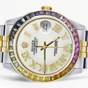 Diamond Gold Rolex Watch For Men 16233 | 36Mm | Rainbow Sapphire Bezel | Diamond White Roman Numeral Dial | Jubilee Band
