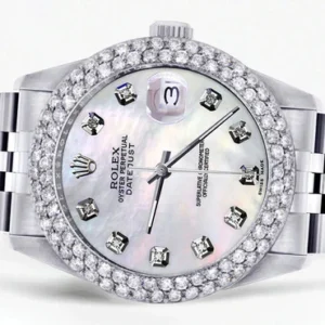 Mens Rolex Datejust Watch 16200 | 36Mm | White Mother of Pearl Dial | Two Row 4.25 Carat Bezel | Jubilee Band